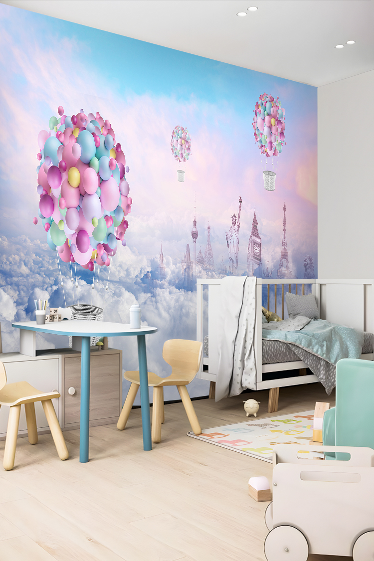 Uçan Balonlar ve Pastel Renkli Bulutlar Temalı Duvar Kağıdı - Görsel 5