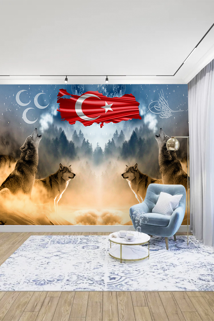 Türk Bayrağı ve Kurt Figürleri Duvar Kağıdı - Görsel 4