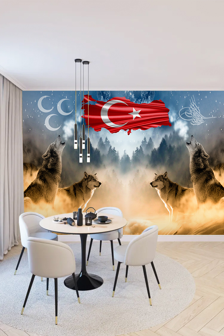 Türk Bayrağı ve Kurt Figürleri Duvar Kağıdı - Görsel 5