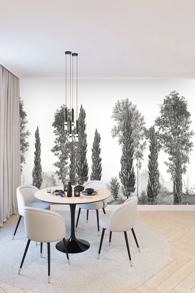 Siyah Beyaz Selvi Ağaçlı Duvar Kağıdı - Görsel 4