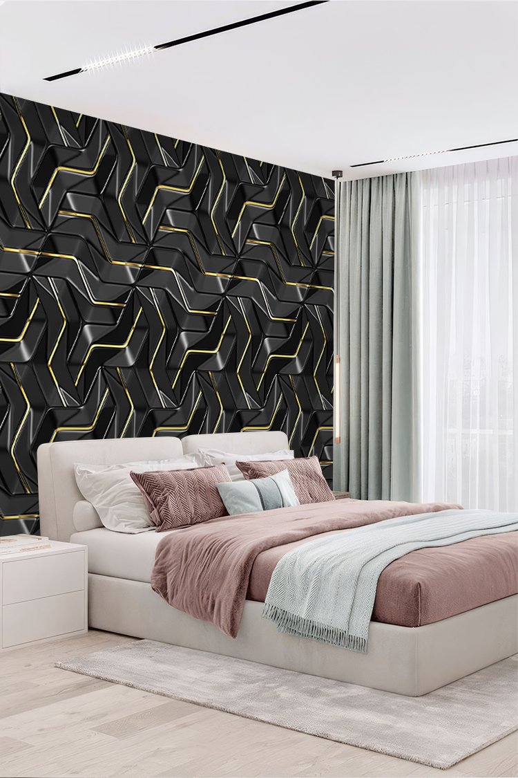 Modern Siyah ve Sarı Desenli Duvar Kağıdı - Görsel 2