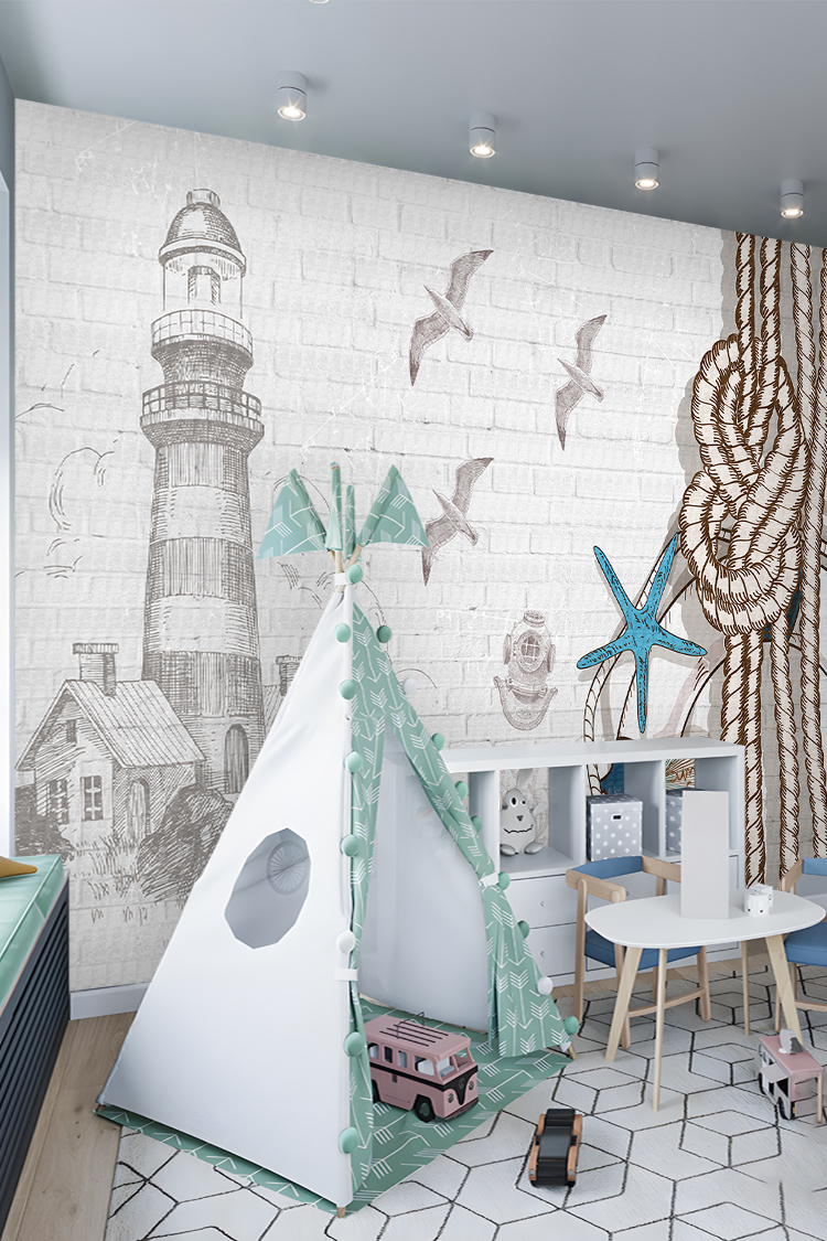 Fener Kulesi ve Deniz Temalı Duvar Kağıdı