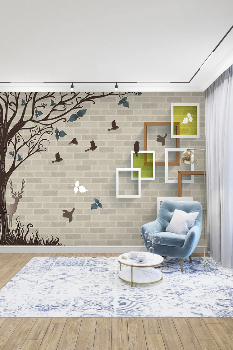 Doğal Ağaç ve Geometrik Çerçeveli Modern Duvar Kağıdı