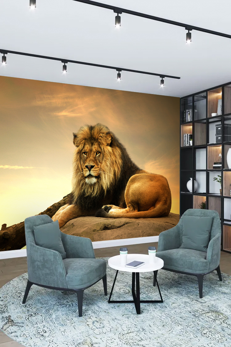 Aslan ve Gün Batımı Desenli Lüks Duvar Kağıdı - Görsel 2