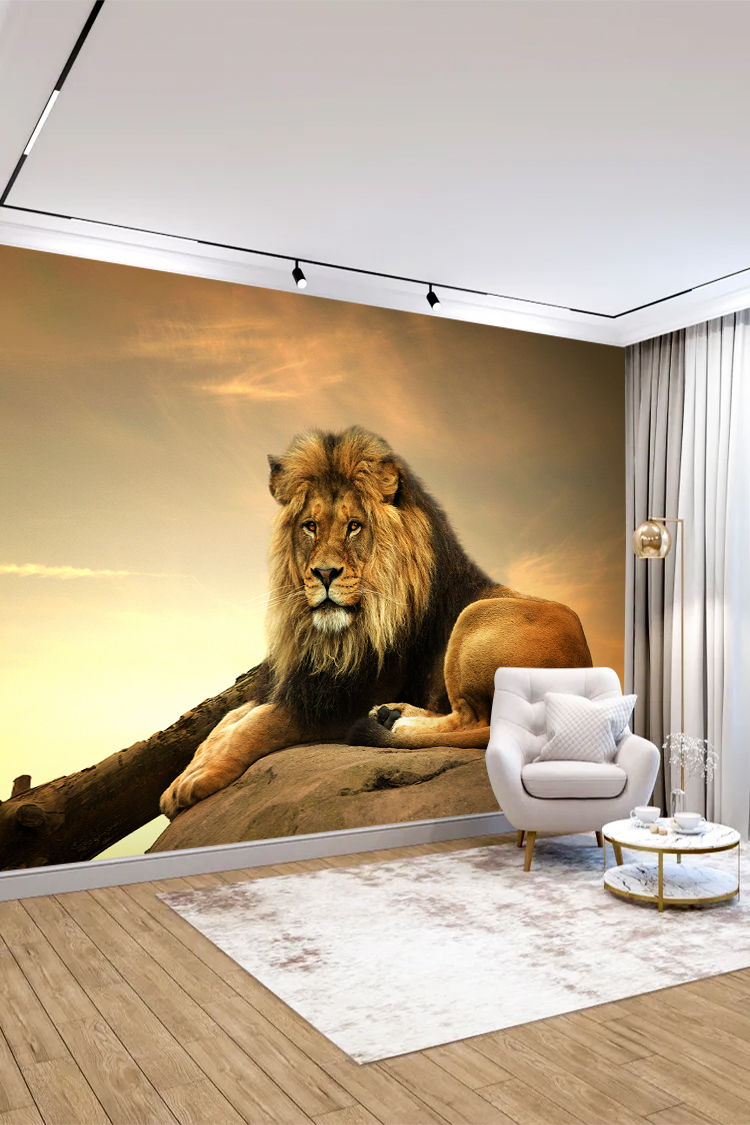 Aslan ve Gün Batımı Desenli Lüks Duvar Kağıdı - Görsel 4