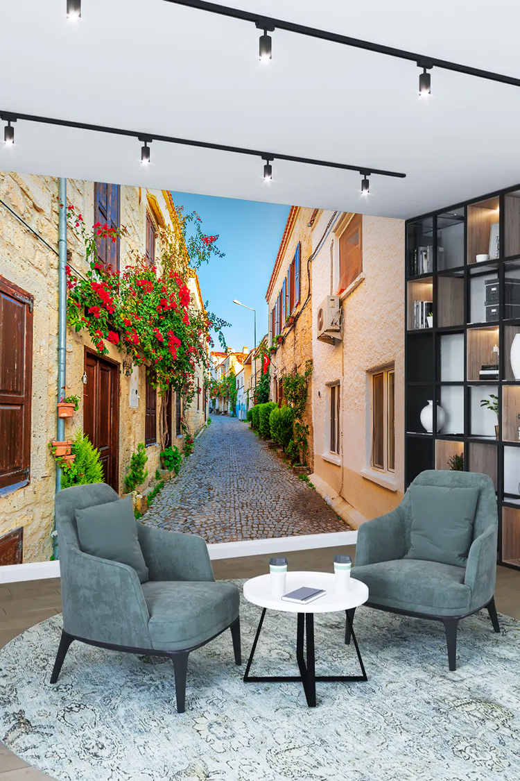 Ege Kasabası Sokak Manzaralı Duvar Kağıdı - Görsel 2