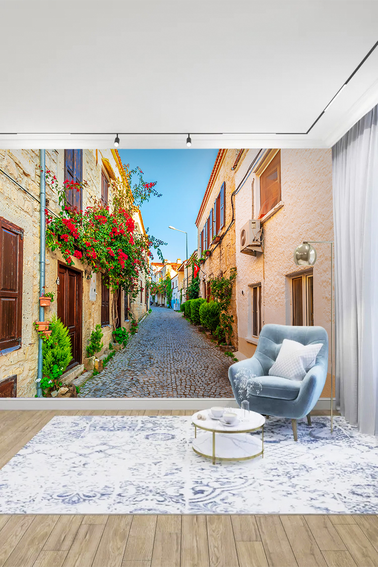 Ege Kasabası Sokak Manzaralı Duvar Kağıdı - Görsel 5