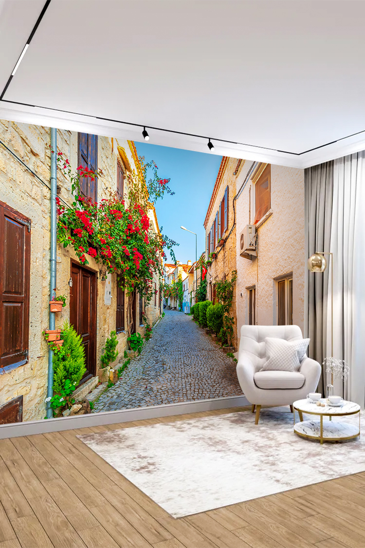 Ege Kasabası Sokak Manzaralı Duvar Kağıdı - Görsel 4