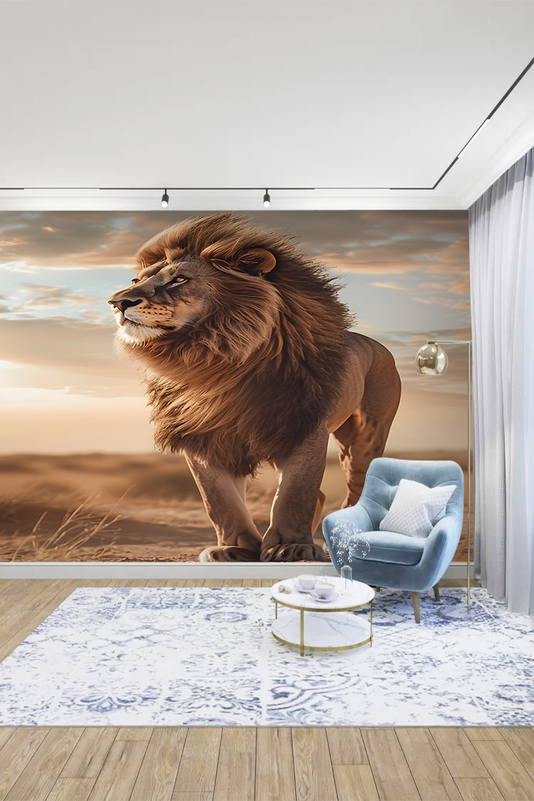 Aslan ve Doğa Manzaralı Lüks Duvar Kağıdı - Görsel 3