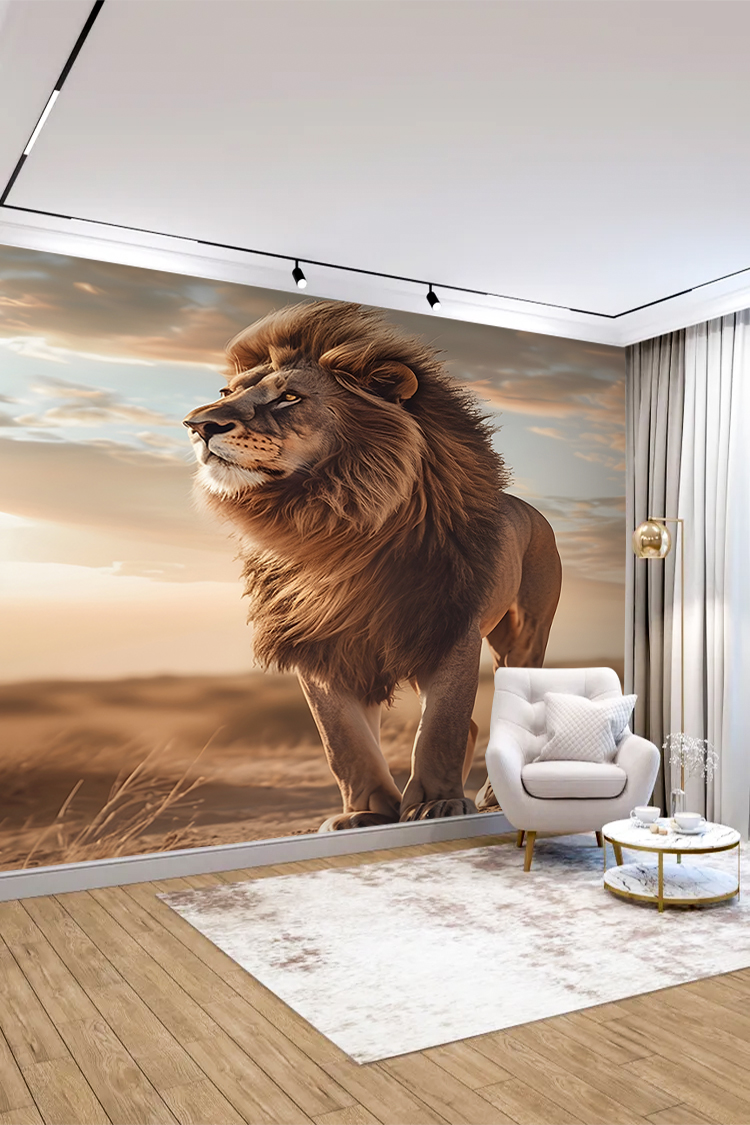 Aslan ve Doğa Manzaralı Lüks Duvar Kağıdı - Görsel 4
