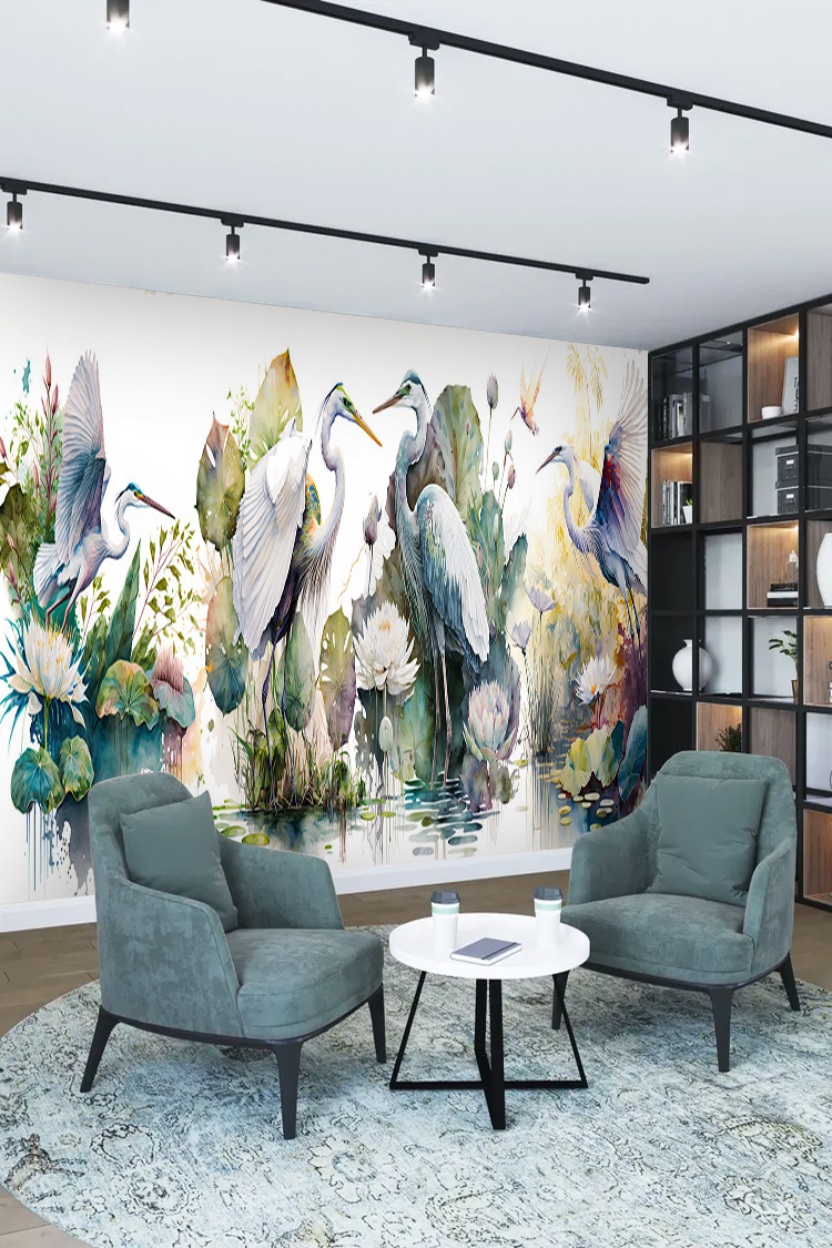 Zarif Kuşlar ve Su Bitkileri Temalı Duvar Kağıdı - Görsel 2