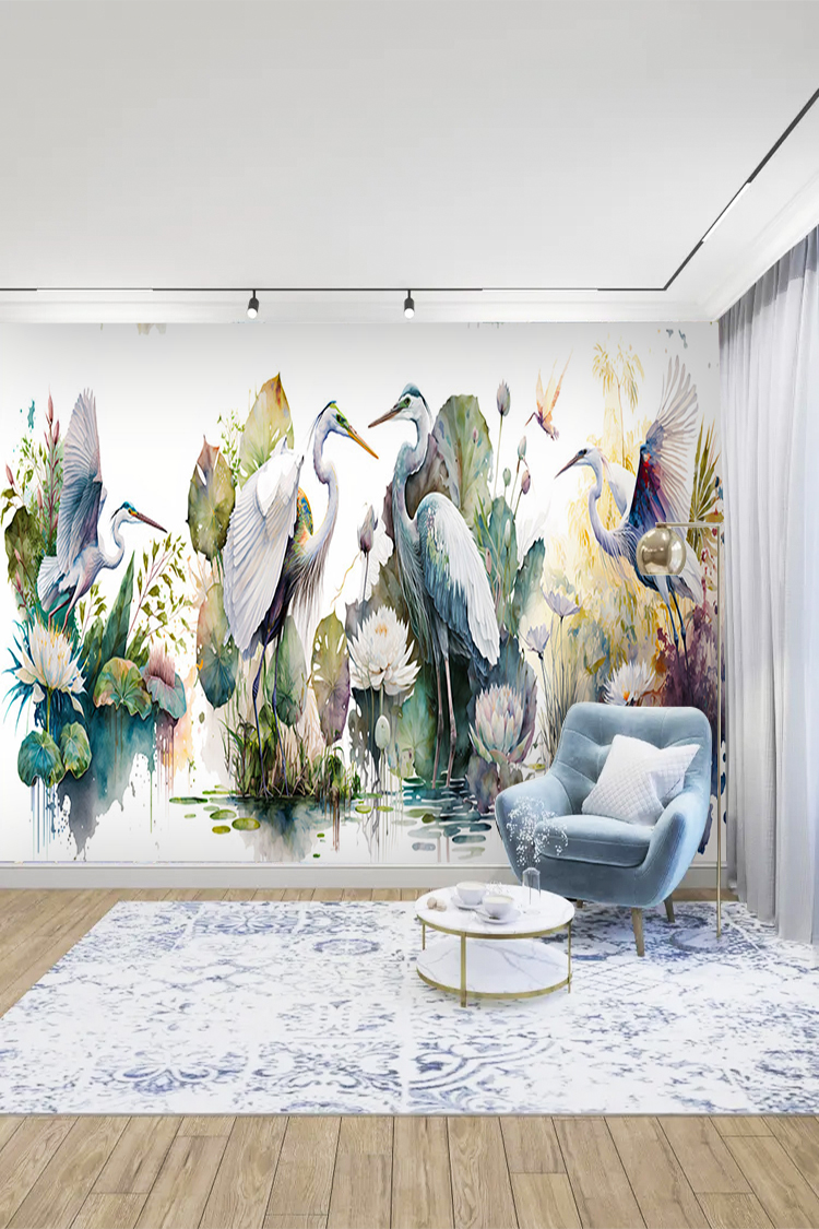 Zarif Kuşlar ve Su Bitkileri Temalı Duvar Kağıdı - Görsel 5