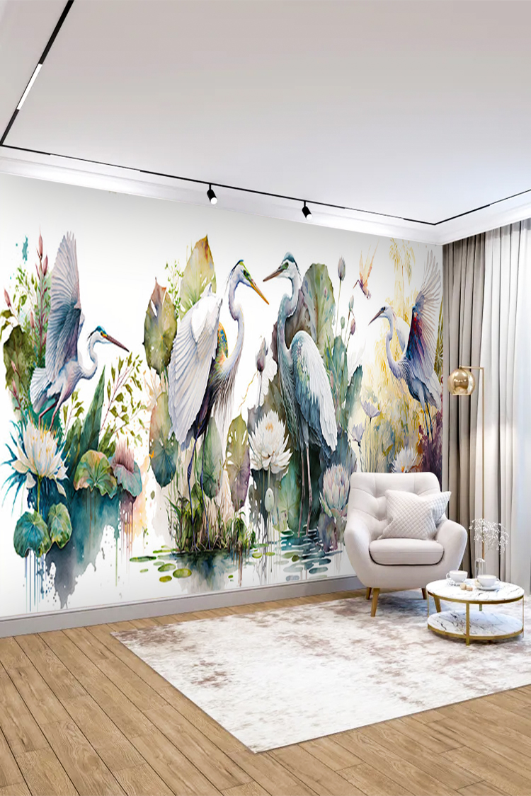 Zarif Kuşlar ve Su Bitkileri Temalı Duvar Kağıdı - Görsel 4