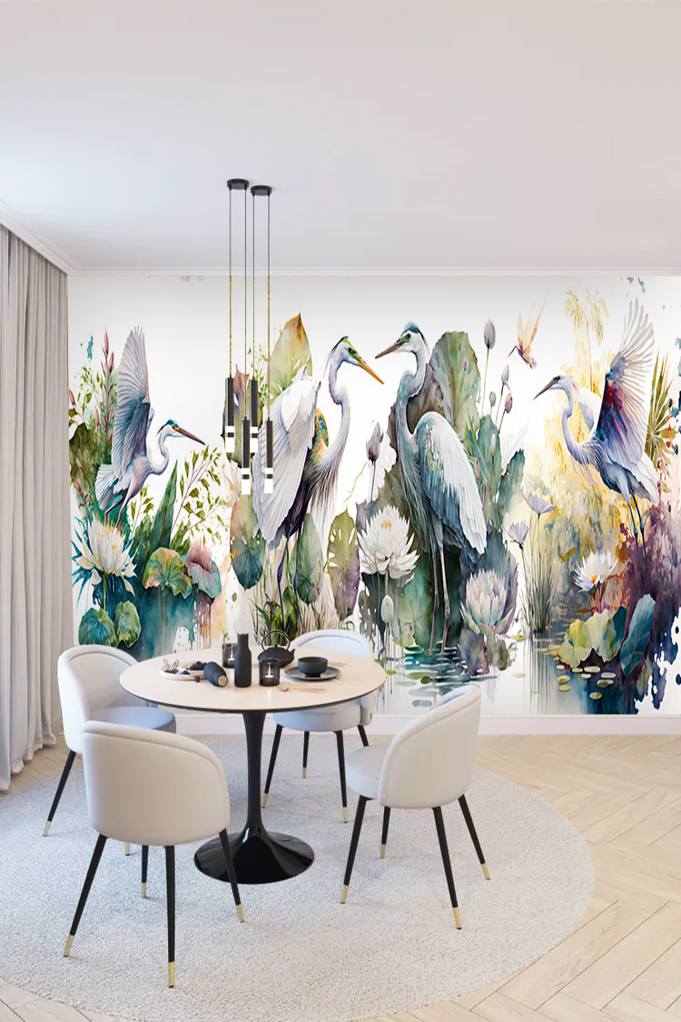 Zarif Kuşlar ve Su Bitkileri Temalı Duvar Kağıdı