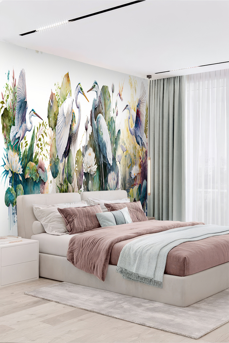 Zarif Kuşlar ve Su Bitkileri Temalı Duvar Kağıdı - Görsel 3
