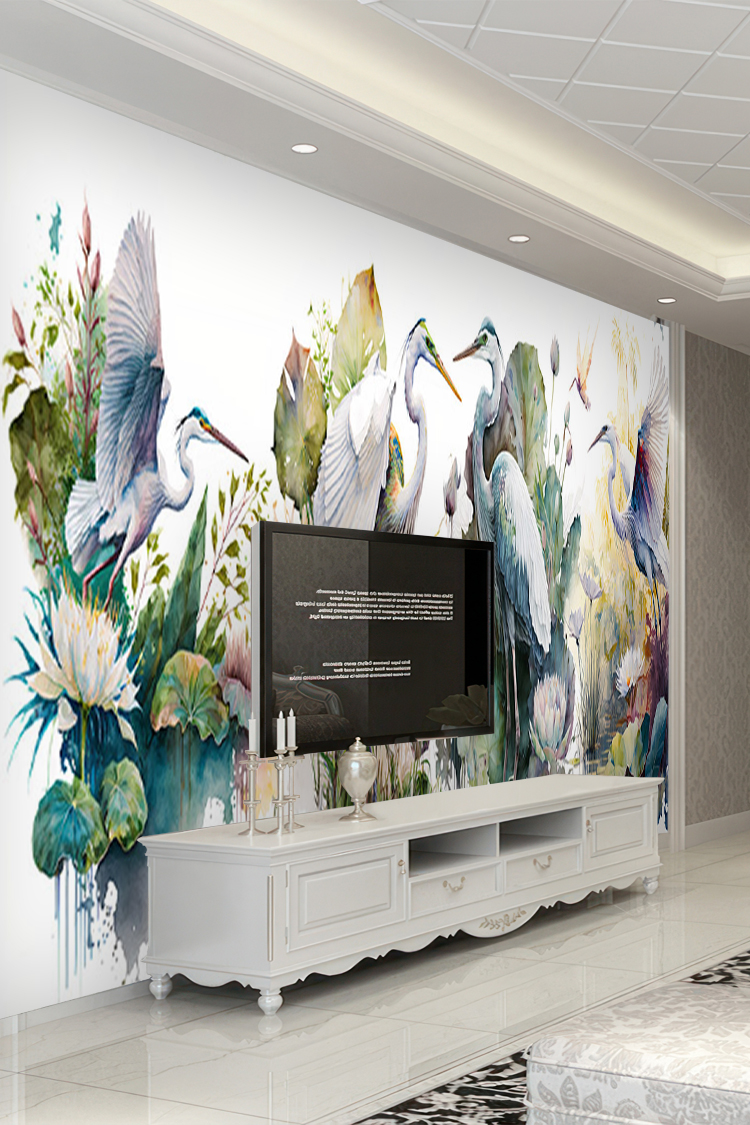 Zarif Kuşlar ve Su Bitkileri Temalı Duvar Kağıdı - Görsel 6