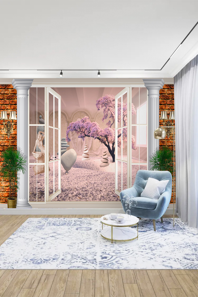 Pembe Ağaçlı Bahar Manzaralı Duvar Kağıdı