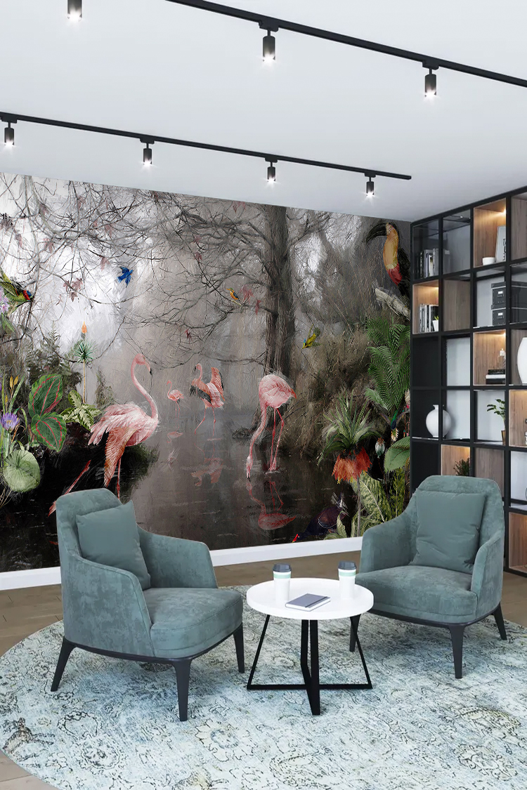 Flamingo ve Doğal Manzara Temalı Duvar Kağıdı - Görsel 2