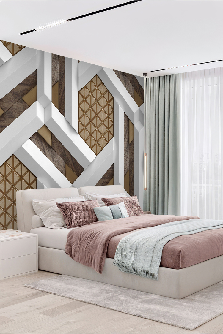 Ahşap ve Beyaz Geometrik Desenli Duvar Kağıdı