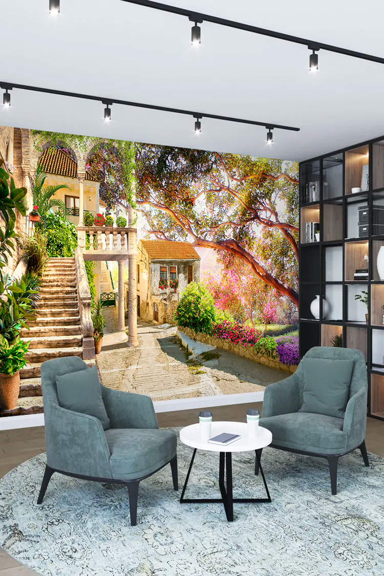 Balkon Bahçesi ve Çiçekli Manzara Duvar Kağıdı - Görsel 2