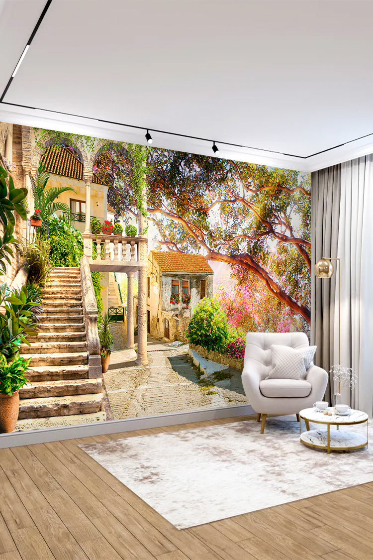 Balkon Bahçesi ve Çiçekli Manzara Duvar Kağıdı - Görsel 4