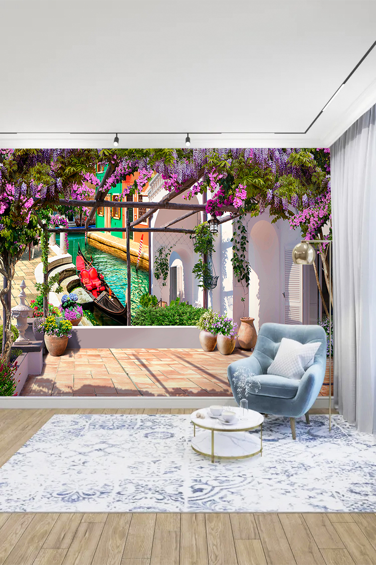Çiçekli Bahçe ve Balkon Manzaralı Duvar Kağıdı - Görsel 3