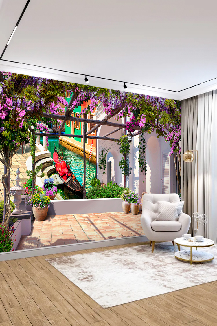 Çiçekli Bahçe ve Balkon Manzaralı Duvar Kağıdı - Görsel 4