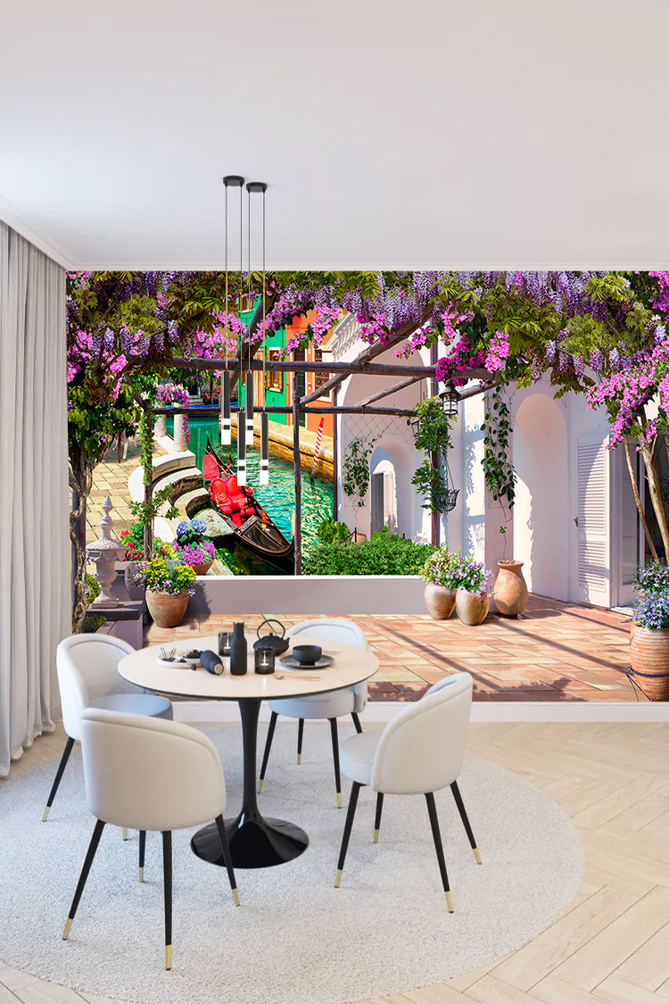 Çiçekli Bahçe ve Balkon Manzaralı Duvar Kağıdı