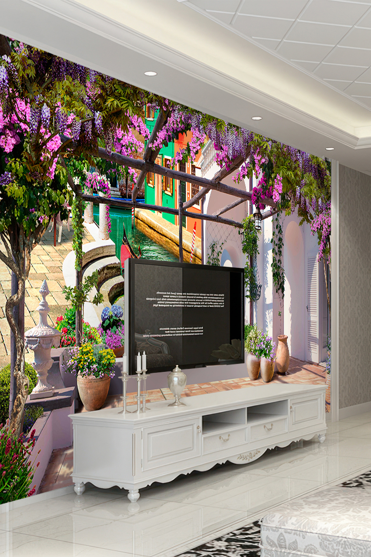 Çiçekli Bahçe ve Balkon Manzaralı Duvar Kağıdı - Görsel 6