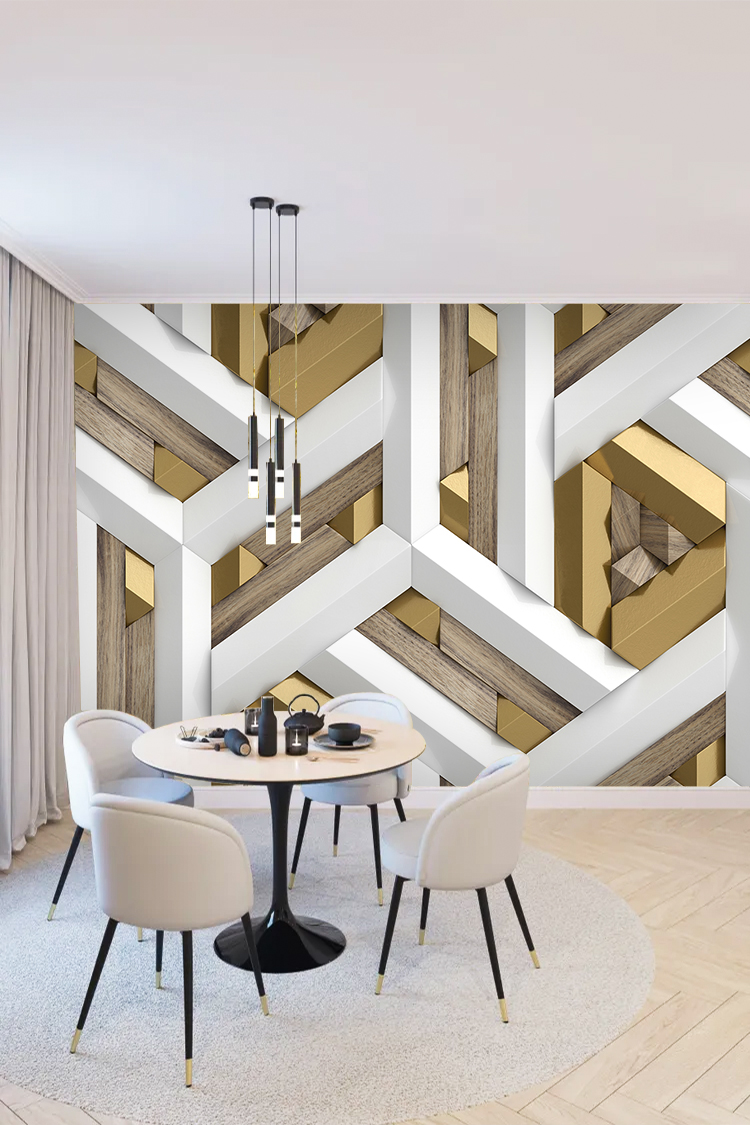 Ahşap, Beyaz ve Altın Geometrik Desenli Duvar Kağıdı - Görsel 4
