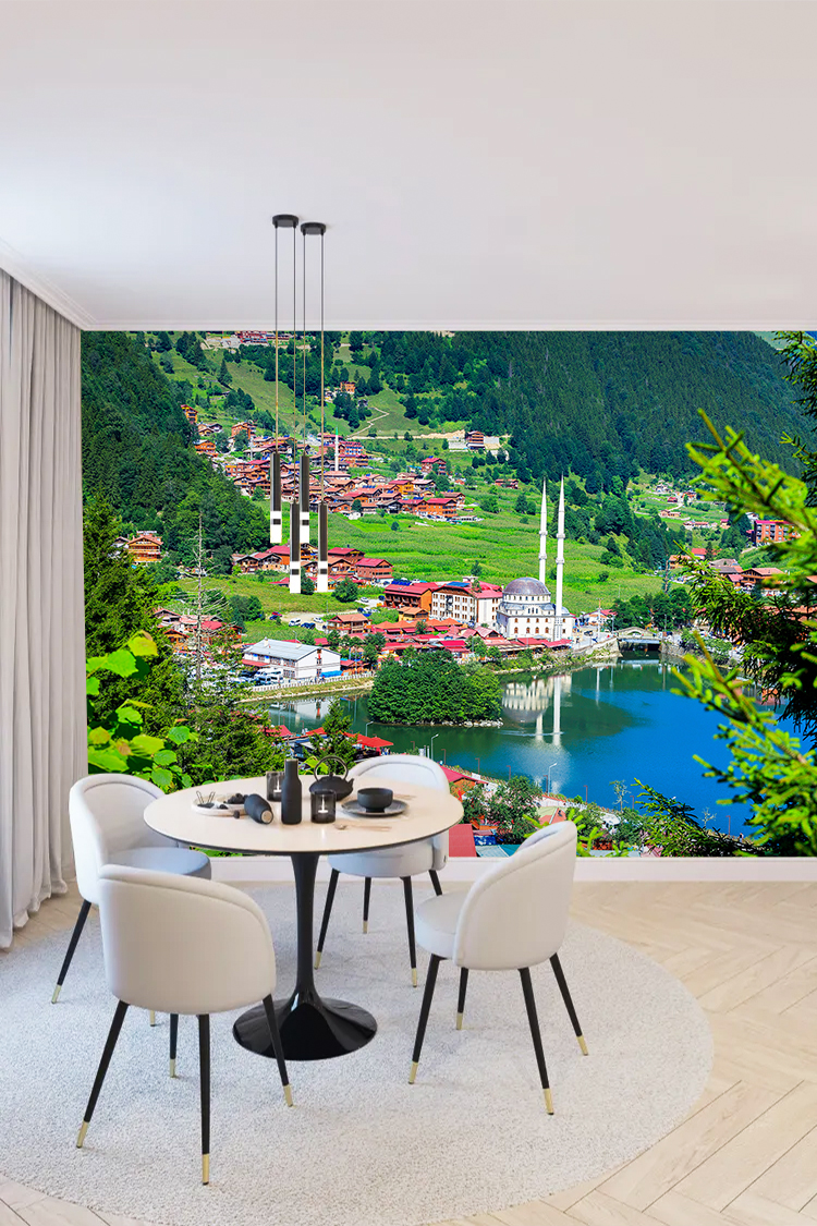 Yeşil Doğa Manzaralı Göl ve Köy Duvar Kağıdı
