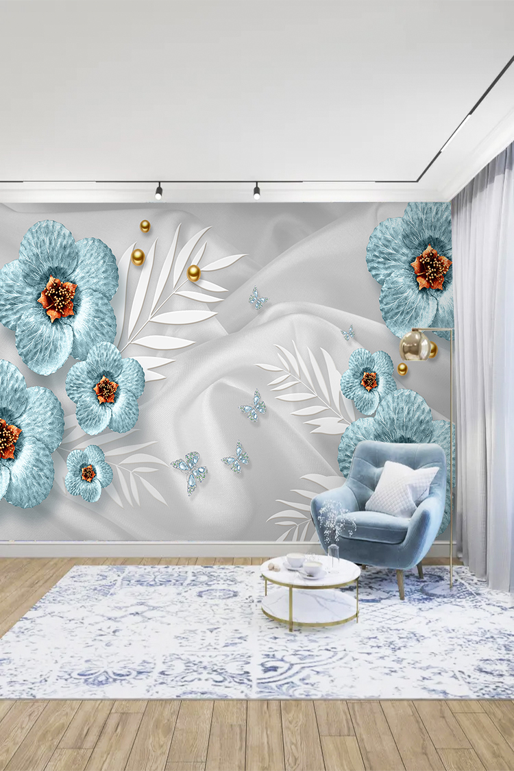Zarif Mavi Çiçek ve Kelebek Desenli Duvar Kağıdı - Görsel 2