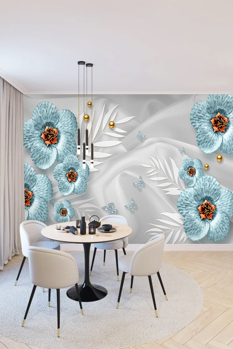 Zarif Mavi Çiçek ve Kelebek Desenli Duvar Kağıdı - Görsel 4