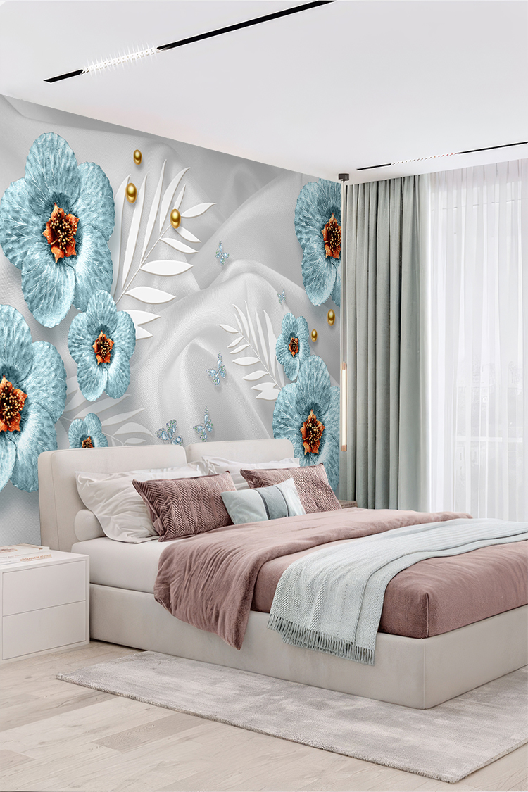 Zarif Mavi Çiçek ve Kelebek Desenli Duvar Kağıdı - Görsel 5