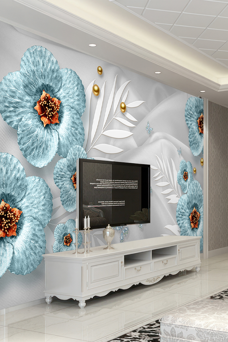 Zarif Mavi Çiçek ve Kelebek Desenli Duvar Kağıdı - Görsel 6