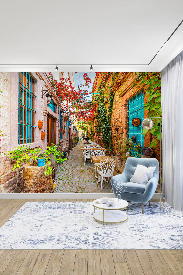 Çiçekli Taş Sokak Kafe Manzaralı Duvar Kağıdı - Görsel 2