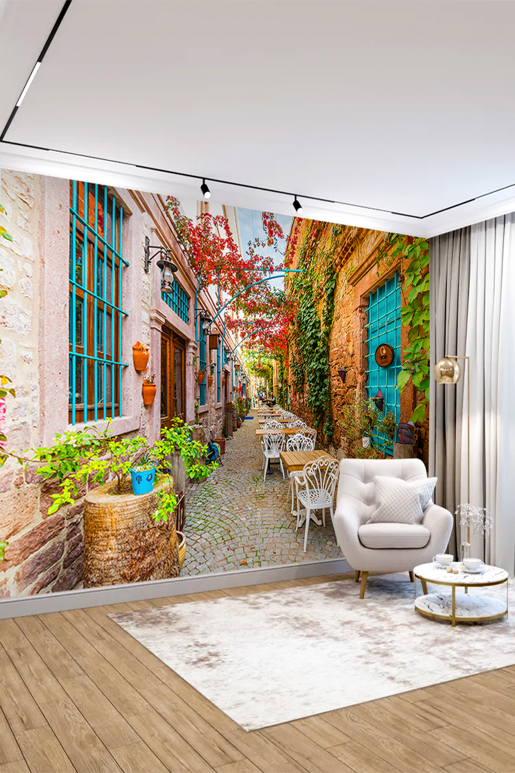 Çiçekli Taş Sokak Kafe Manzaralı Duvar Kağıdı - Görsel 3