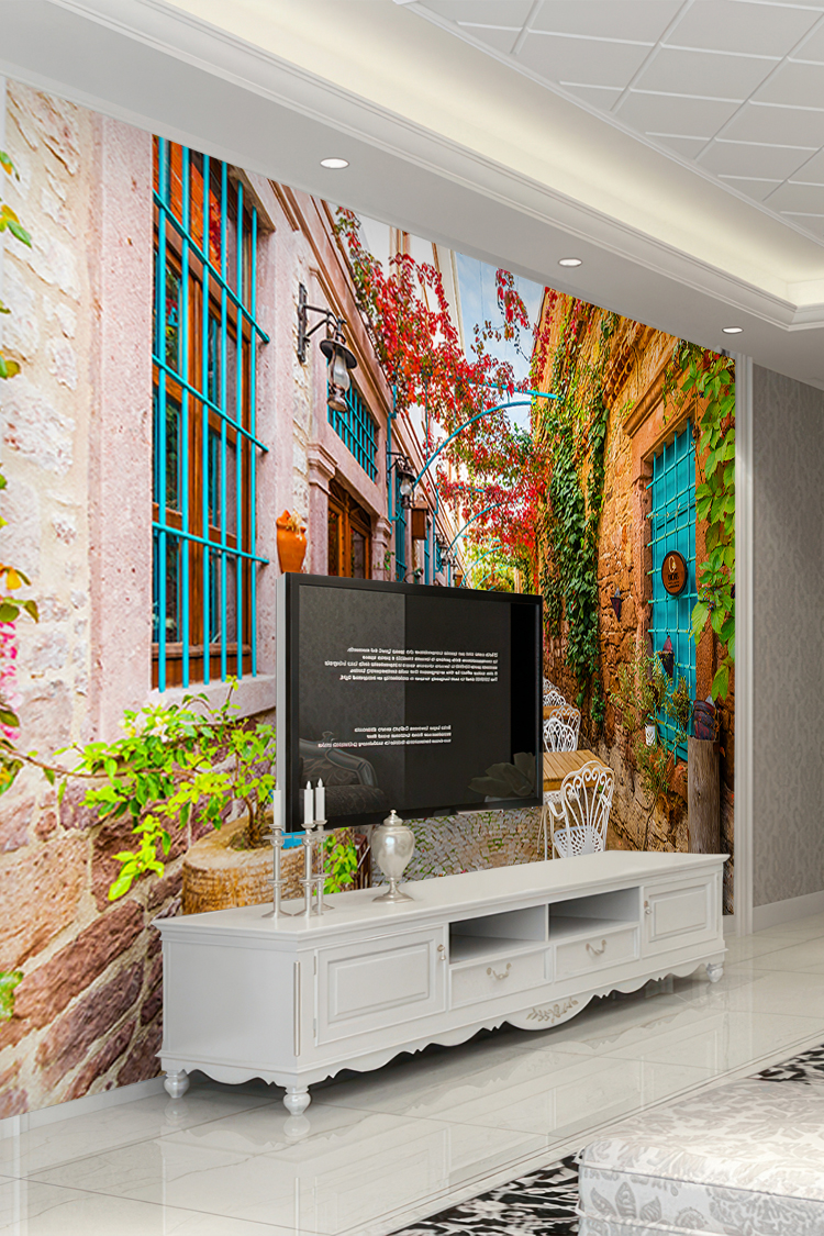 Çiçekli Taş Sokak Kafe Manzaralı Duvar Kağıdı - Görsel 6