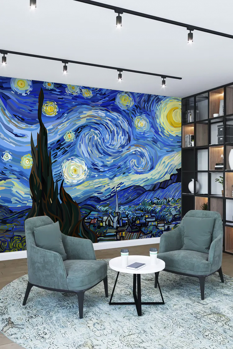 Vincent Van Gogh Tarzı Yıldızlı Gece Duvar Kağıdı - Görsel 2