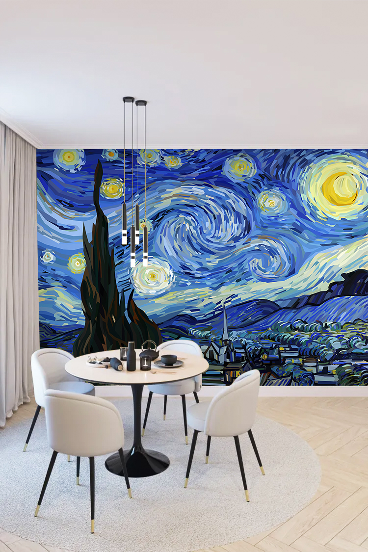 Vincent Van Gogh Tarzı Yıldızlı Gece Duvar Kağıdı - Görsel 3