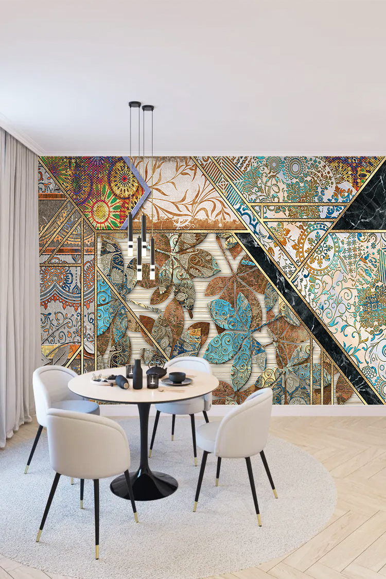 Geometrik ve Çiçek Desenli Duvar Kağıdı –