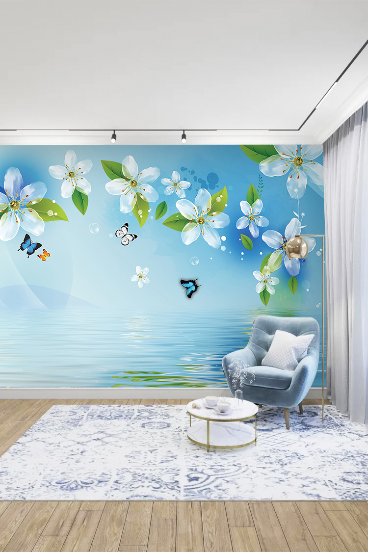 3D Beyaz Çiçekli Mavi Duvar Kağıdı