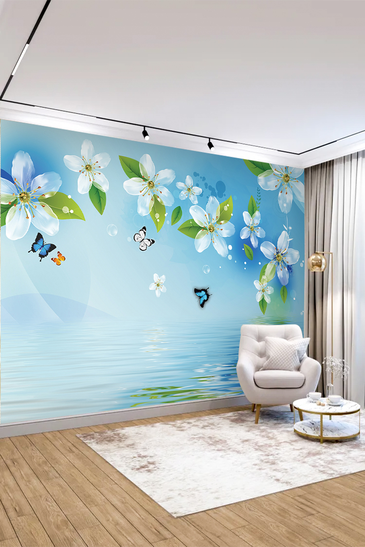 3D Beyaz Çiçekli Mavi Duvar Kağıdı - Görsel 3