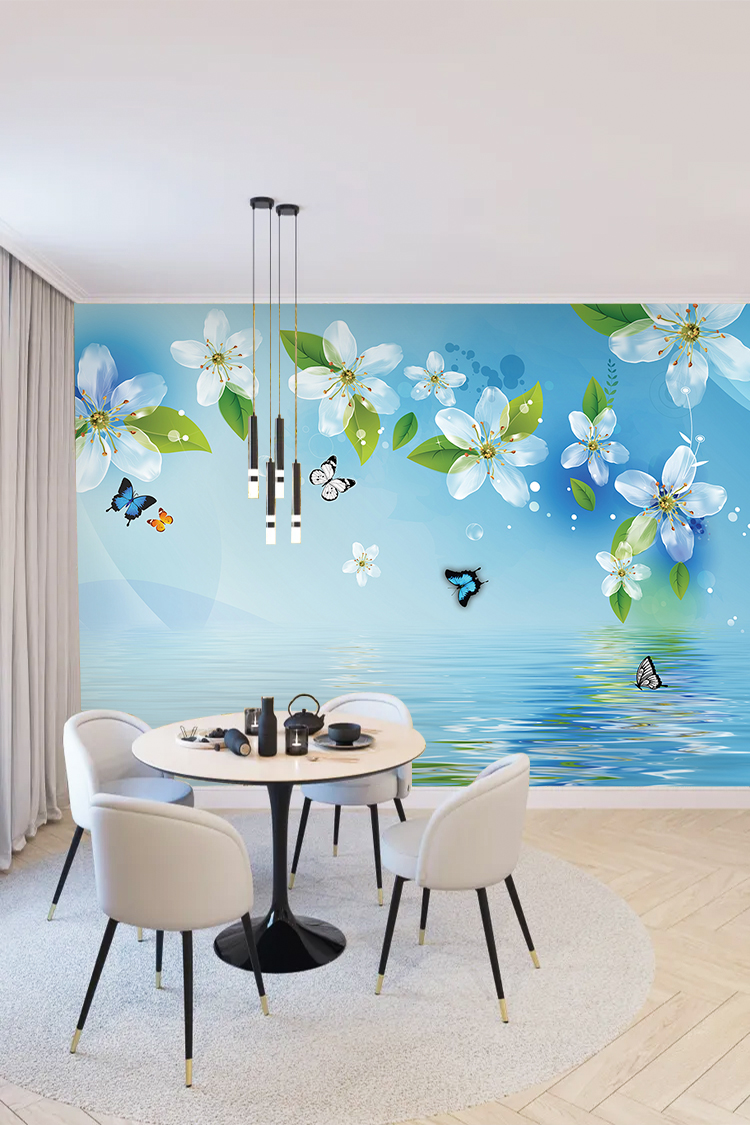 3D Beyaz Çiçekli Mavi Duvar Kağıdı - Görsel 4