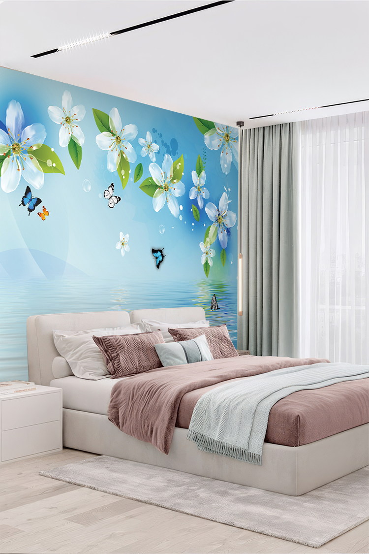 3D Beyaz Çiçekli Mavi Duvar Kağıdı - Görsel 5