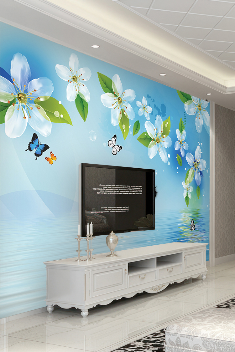 3D Beyaz Çiçekli Mavi Duvar Kağıdı - Görsel 6