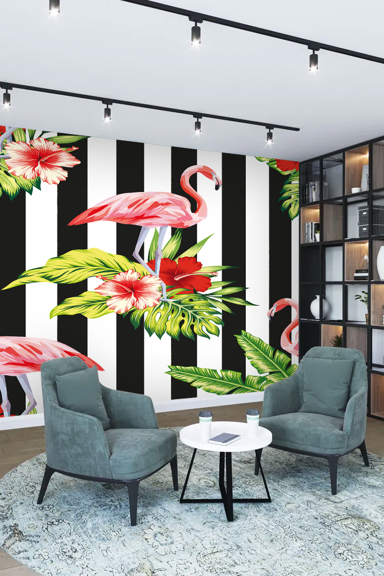 Flamingo ve Çiçekli Duvar Kağıdı