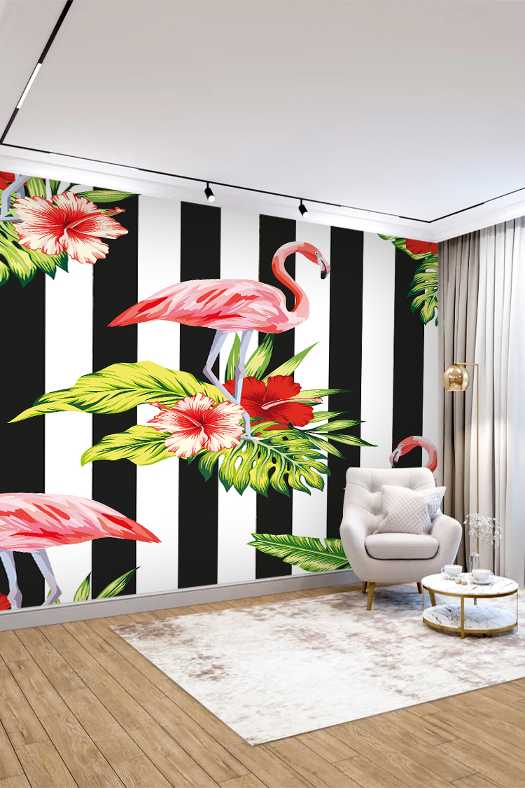 Flamingo ve Çiçekli Duvar Kağıdı - Görsel 4