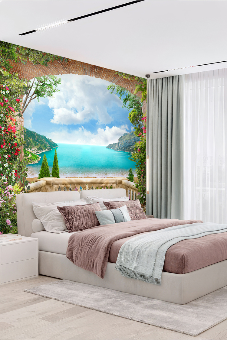 Deniz Manzaralı Balkon Tasarımı Duvar Kağıdı - Görsel 5
