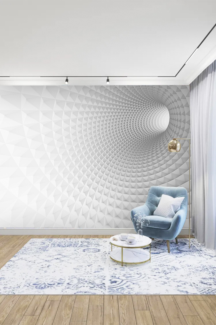 3D Geometrik Desenli Beyaz Duvar Kağıdı - Görsel 3